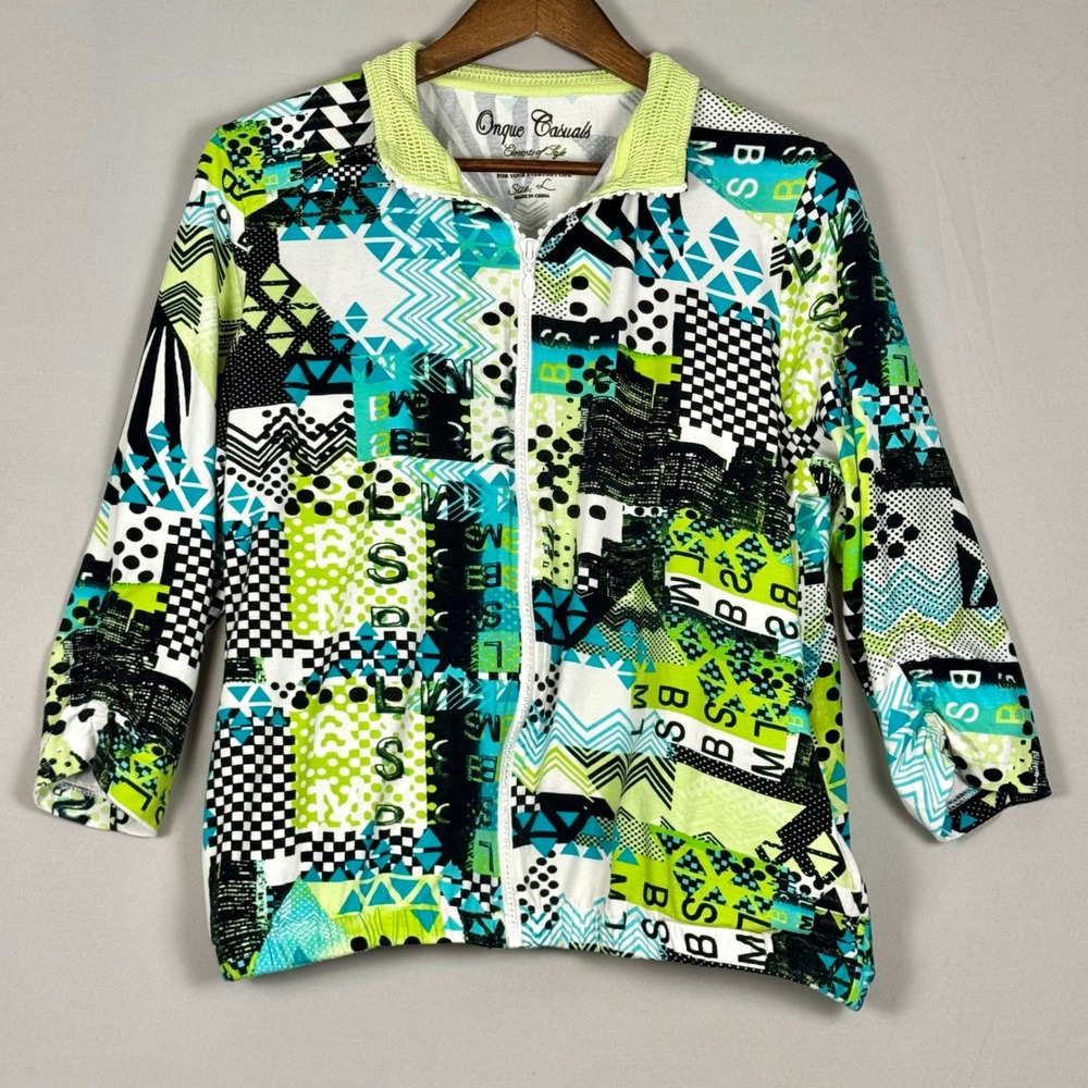 Onque Casuals Jacket Women Large Multicolor Y2K Geometric Zip Up Excellent